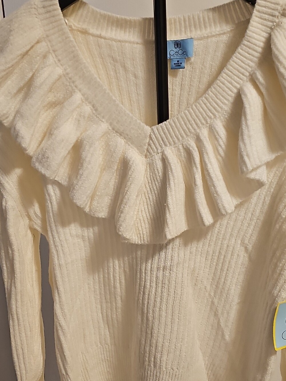 CeCe Cream Ruffle V-Neck Ribbed Sweater